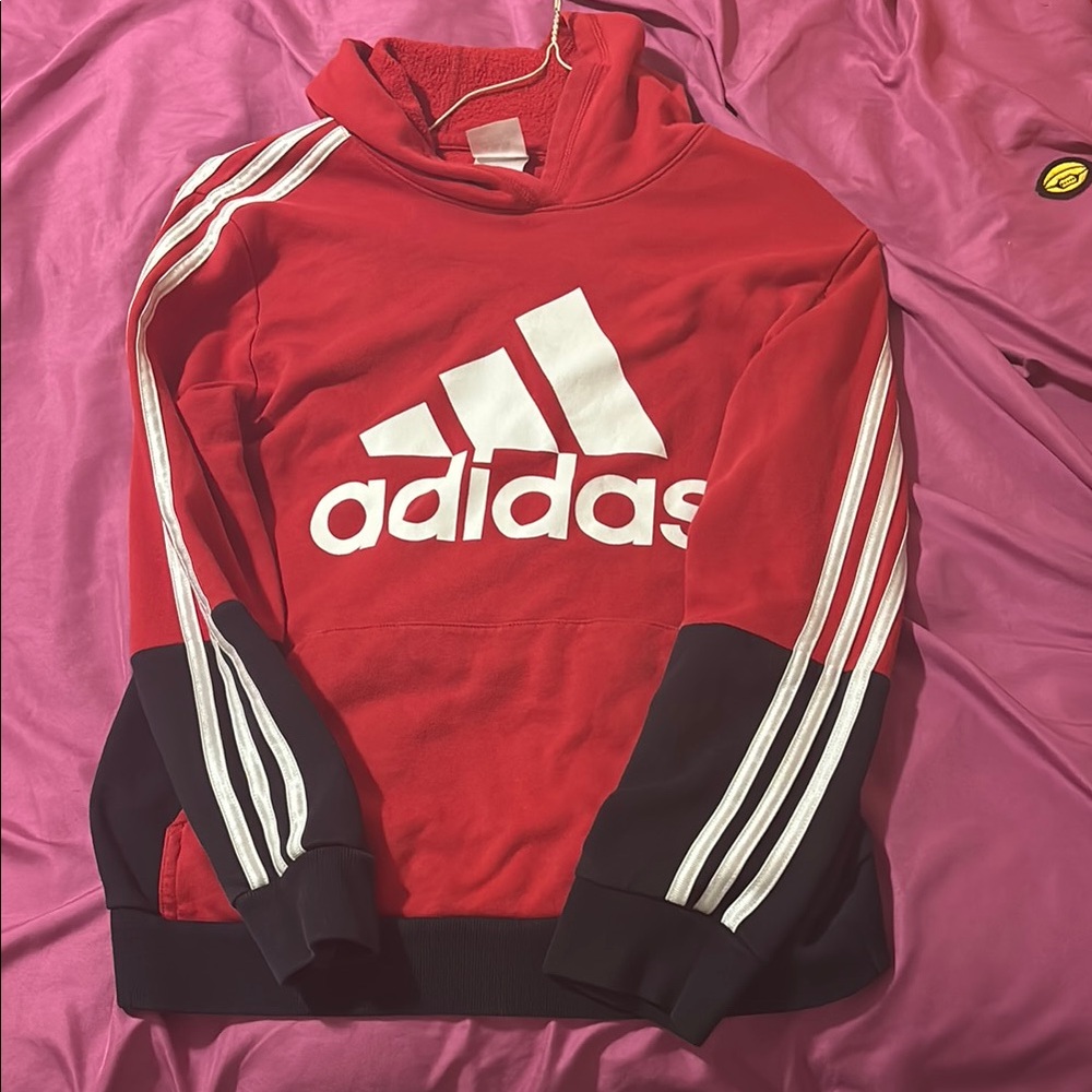 Adidas Red Hoodie with White Logo and Stripes